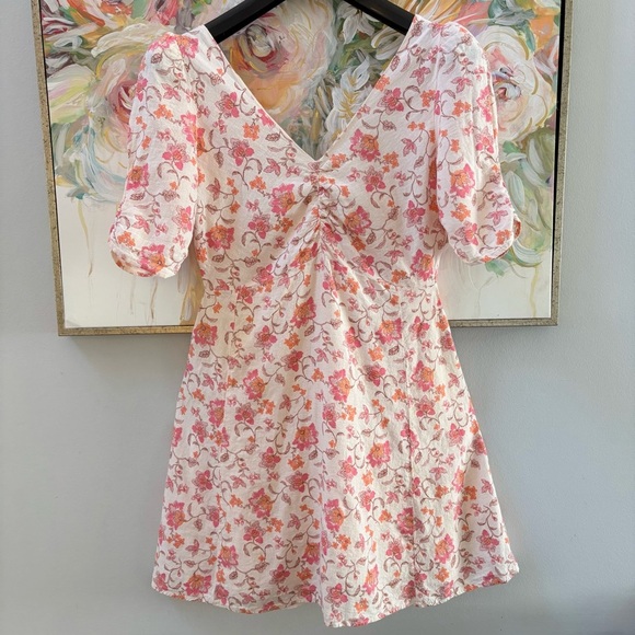 Tintoretto Linen Floral Dress White Pink Orange Short Sleeve V-Neck Size M - Picture 2 of 16